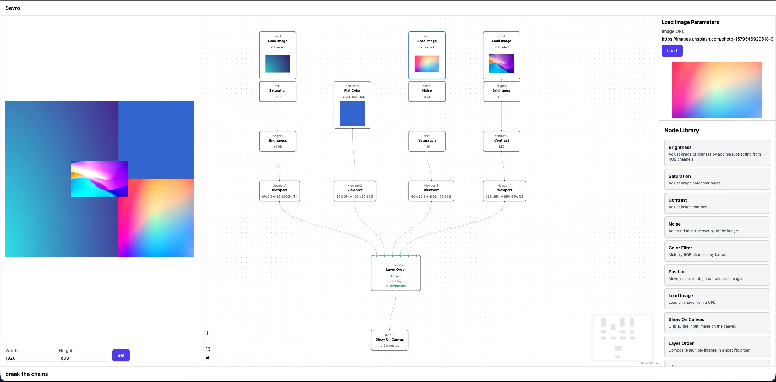 The first public Sevro build, showing an image canvas, node graph and parameter panel