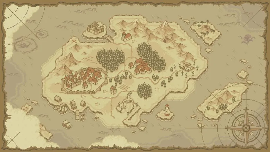 A campaign world map showing a central island, settlements and surrounding islands