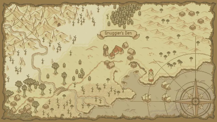 A local campaign map showing Smuggler's Den, surrounding settlements and the coast